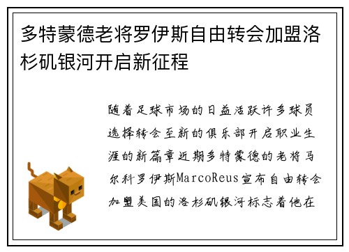 多特蒙德老将罗伊斯自由转会加盟洛杉矶银河开启新征程